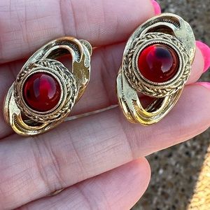 YSL red cabochon earrings - pierced, good vintage condition